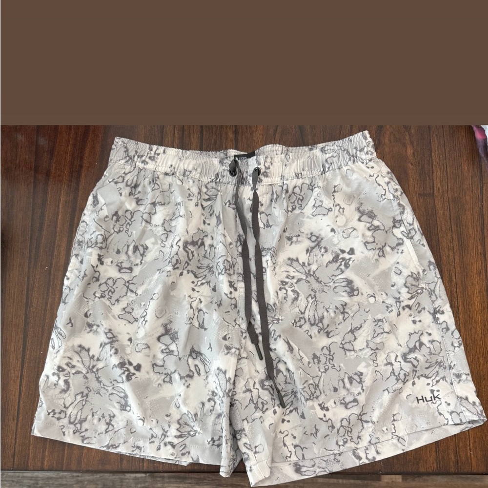 Huk Gray Swim Trunks with Digital Camo Design